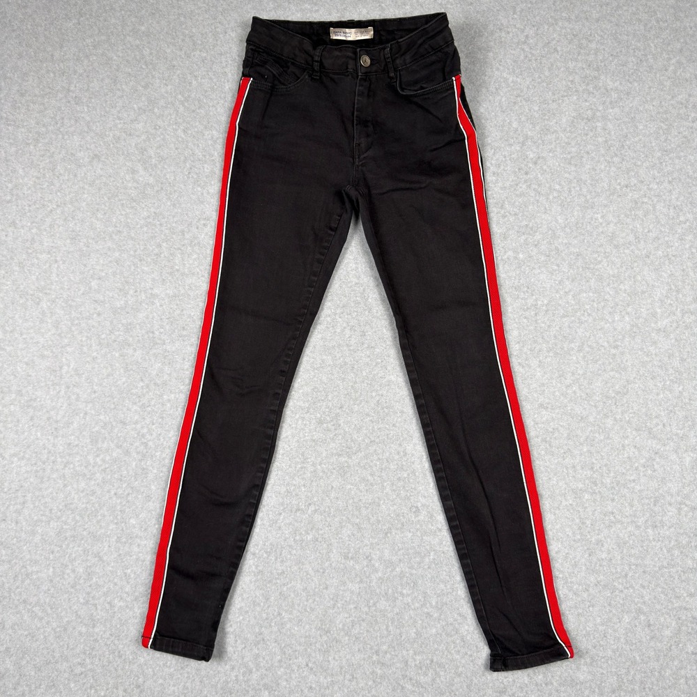 Zara Basic Denim Black Skinny Jeans Red Side Stripe Womens Sz 4 Moto Streetwear